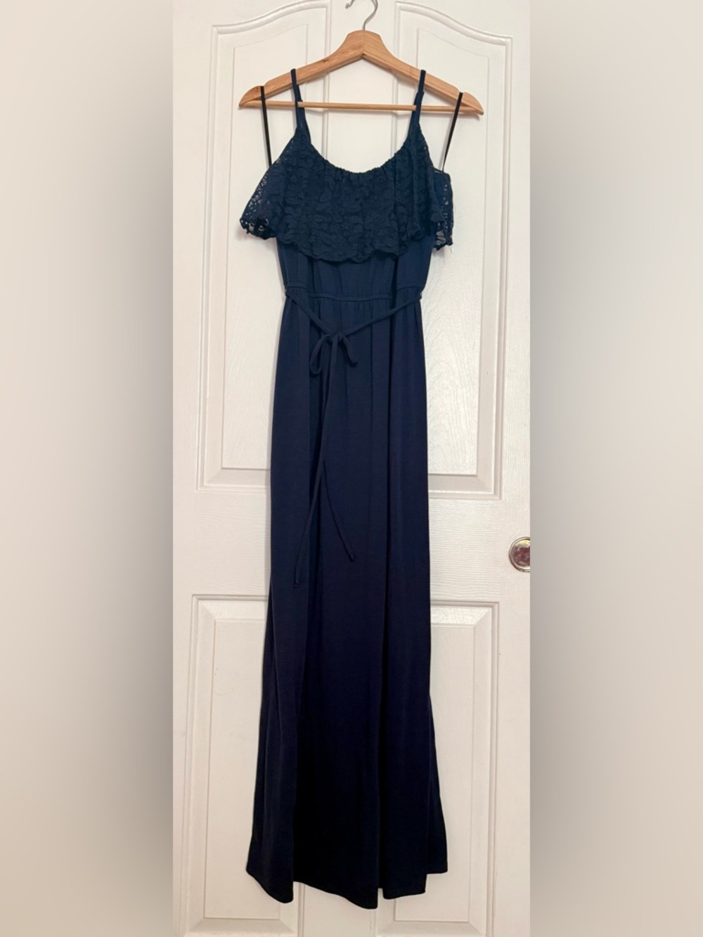 Love Reign Navy Lace Ruffle Maxi Dress with Tie Waist - Size M
